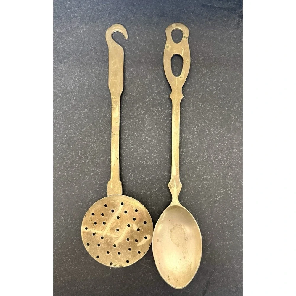 Antique Hand Forged Brass Serving Spoon Skimmer Strainer Utensils Set of 2